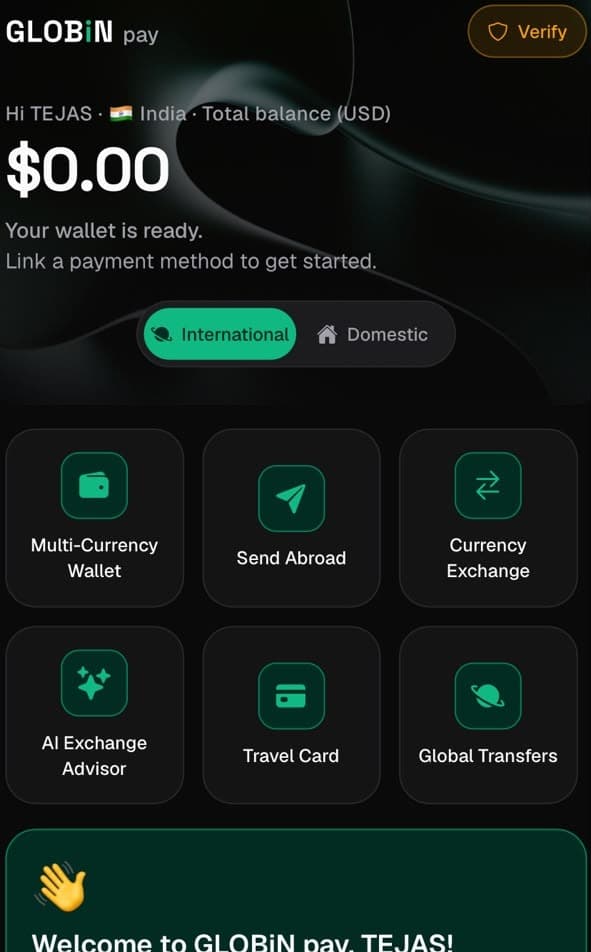 GLOBiN Pay Home screen